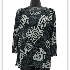 Rafaella Women’s Green Gray Black Animal Prints Long Sleeve Blouse Size Sm (749)